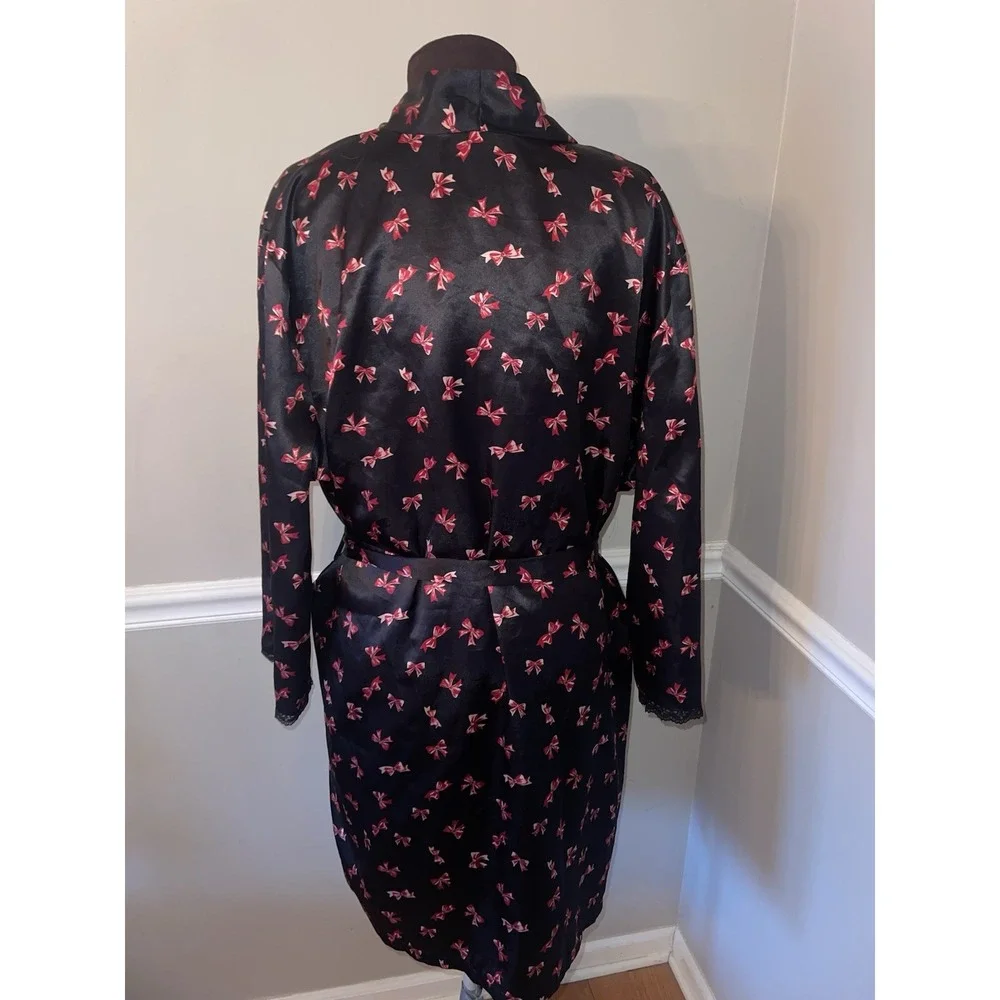 DELICATES WOMENS 1X Black & Pink Bows Lace Trim Pockets Robe‎ House Gown